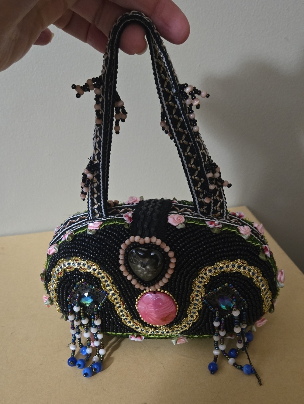 Butler & Wilson Vintage 1990s Hand-Beaded Black Floral Accent Women’s Handbag